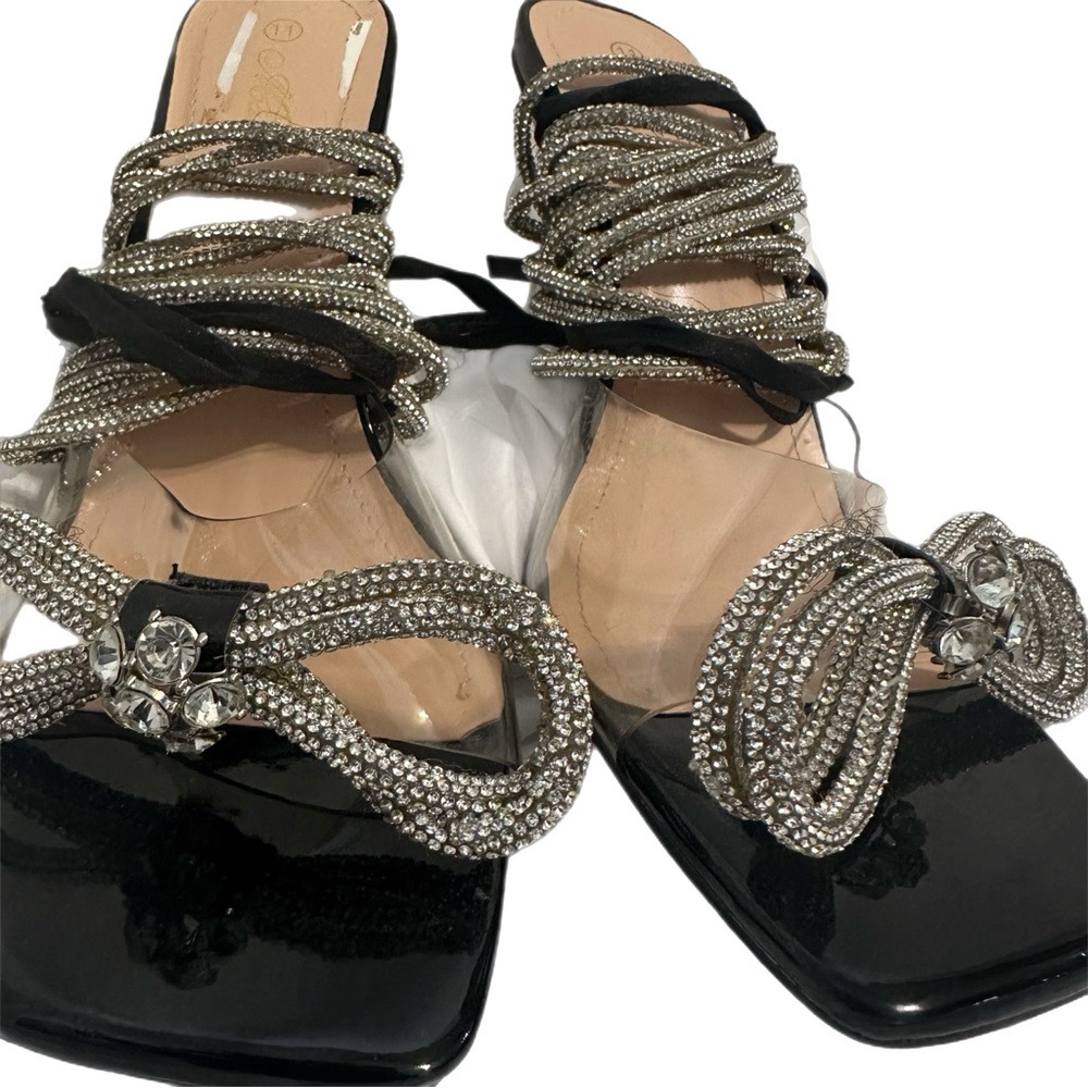 Glamorous Black and Silver Strappy Heels